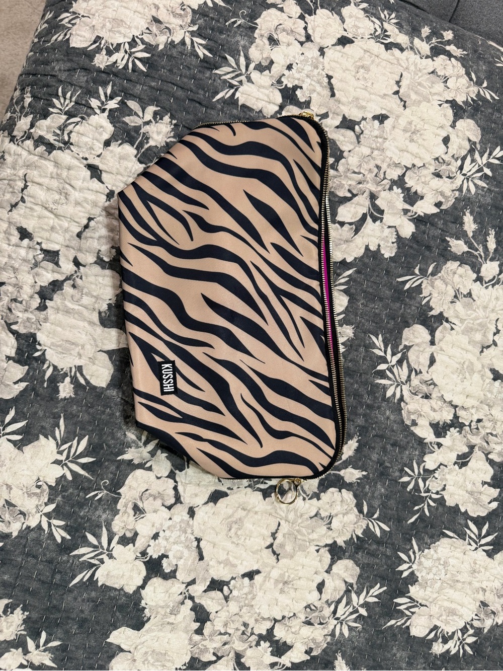 KUSSHI Zebra Print Cosmetic Pouch in Beige and Black NWT